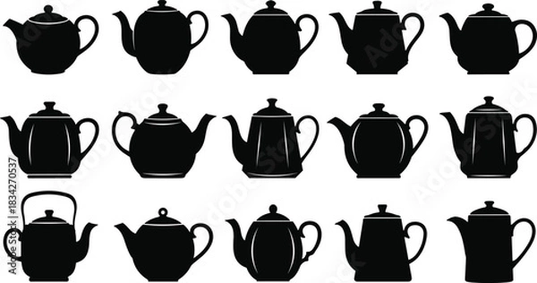 Obraz “Elegant teapot silhouette collection featuring diverse classic and vintage kettle shapes, perfect for tea-themed vector designs, kitchen decor artwork, and antique illustration projects”
