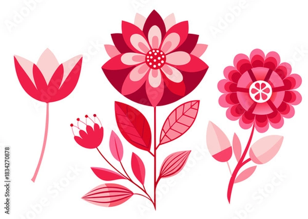 Fototapeta Set of pink and red stylized folk art flowers vector illustrations