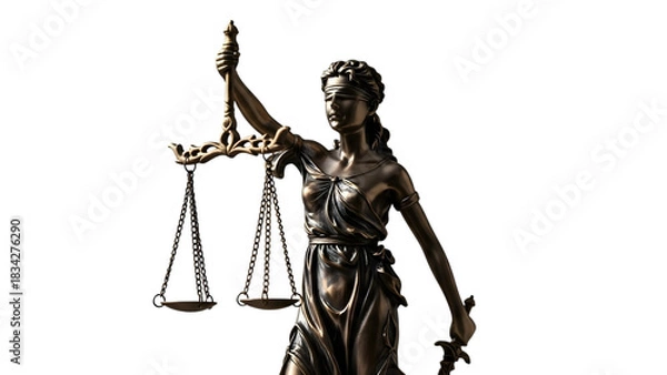 Obraz Bronze Lady Justice statue holding scales and sword with draped fabric isolated on a transparent background