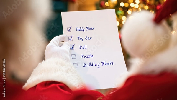 Fototapeta Santa Claus reviewing a handwritten Christmas gift list with checked toy items, wearing white gloves and a red suit, with warm festive lights softly glowing in the background