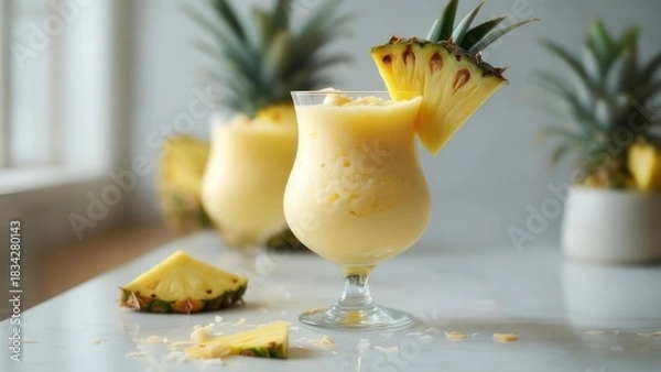 Obraz Refreshing Pineapple Smoothie with Garnish, Tropical Drink, Summer Vibes.
