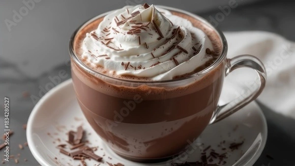 Obraz Rich Hot Chocolate with Swirling Whipped Cream and Chocolate Shavings in Clear Glass Mug