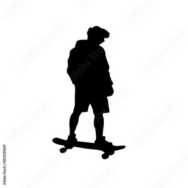 Obraz Silhouette of a teenager skateboarding on a white background