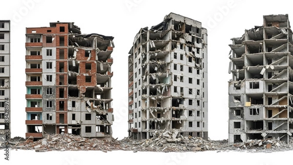 Obraz Collapsed apartment buildings with rubble piles in front of a isolated on a transparent background destruction