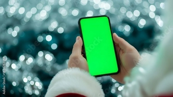 Fototapeta Santa Claus holding a smartphone with a green screen, perfect for Christmas advertisements and holiday messages