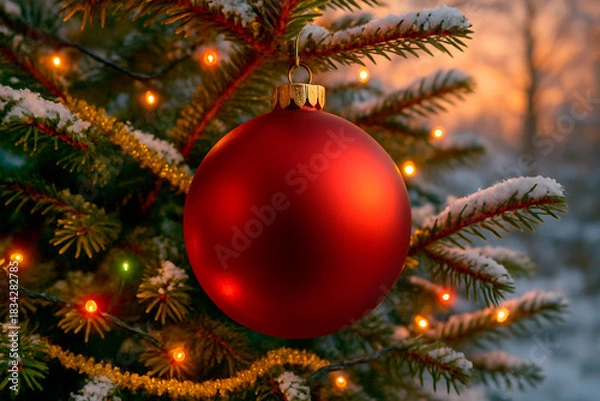 Fototapeta Red Christmas bauble hanging on snow-covered branch of an evergreen tree in forest at sunset. Mockup, placeholder for text