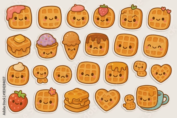 Fototapeta Cute kawaii waffle characters with various toppings and expressions