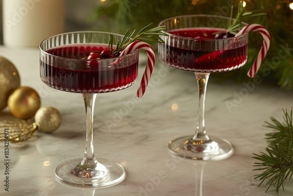 Obraz Luxurious close-up of festive cocktails with red cranberry drink, candy cane garnish, and holiday decorations, creating a warm and inviting atmosphere for celebrations