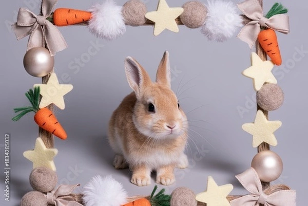 Obraz Cute rabbit framed by decorative elements including carrots and stars, showcasing a playful atmosphere perfect for spring celebrations and festive occasions