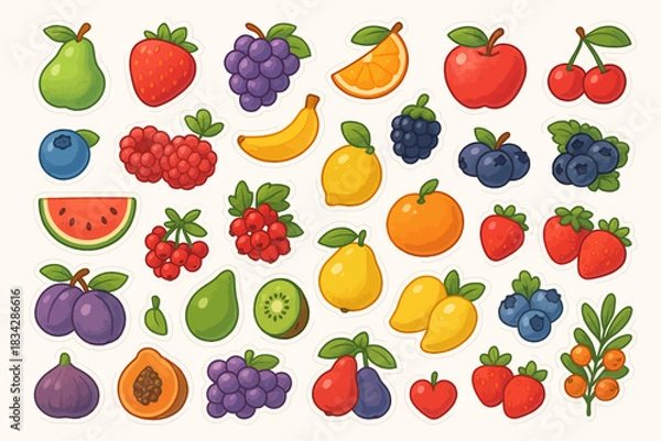 Fototapeta Colorful assortment of various cartoon fruits on light background