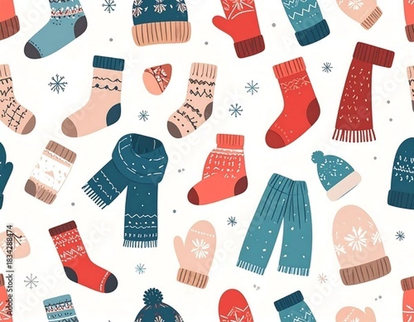 Obraz Winter clothes seamless pattern featuring cozy garments and snowflake elements
