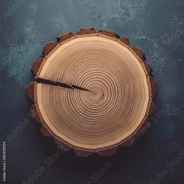 Fototapeta Wood slice on dark textured background showing tree rings and crack