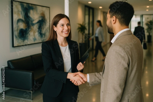 Obraz Smiling businesswoman shaking hands with a partner in a modern office, a sign of respect, trust, and a strong business connection
