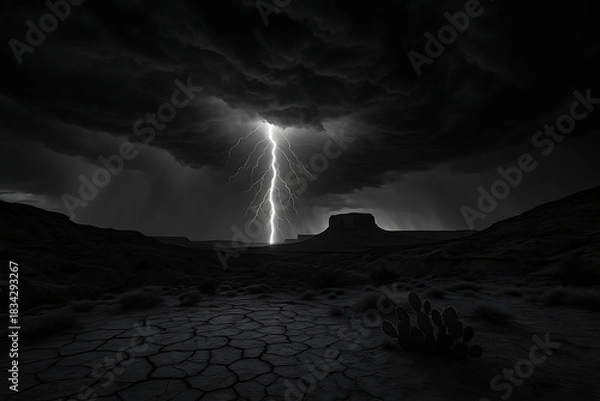 Fototapeta Dramatic lightning strikes barren landscape, evoking powerful stormy atmosphere, perfect for impactful visuals, conveying nature's raw energy and strength