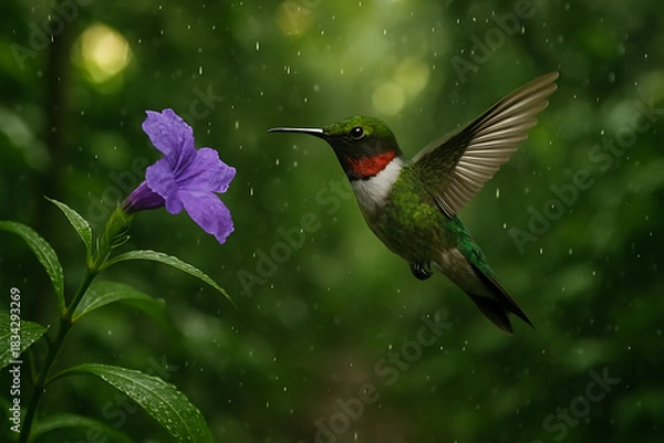 Obraz Elegant hummingbird gracefully reaching for vibrant purple flower in gentle rain, a moment of natural wonder and delicate beauty in lush greenery