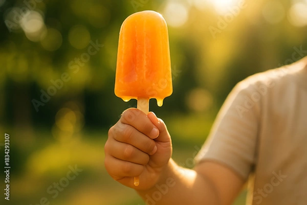 Obraz Enjoying a refreshing orange popsicle on a warm summer day, perfect for capturing the carefree joy and delicious simplicity of childhood treats