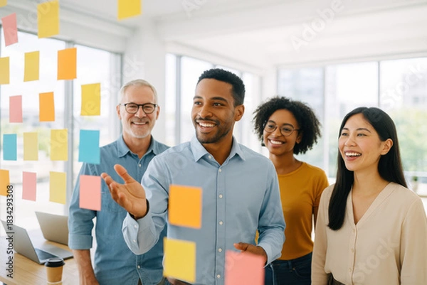 Fototapeta Diverse team brainstorming ideas on glass wall with sticky notes in modern office, fostering collaboration and innovation for dynamic business solutions