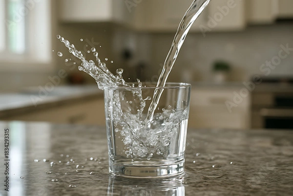 Fototapeta Refreshing pure water splashing into a clear glass on a kitchen counter, offering a moment of hydration and wellness for a healthy lifestyle