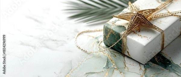 Obraz Elegant Gift Box with Gold Star Decoration on Marble Background Charming Festive Scene