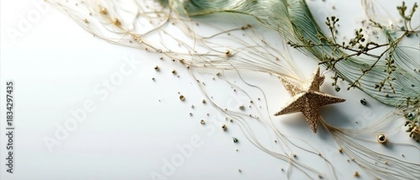 Obraz Elegant Gold Star and Delicate Green Leaves with Sparkling Elements for Festive Decor