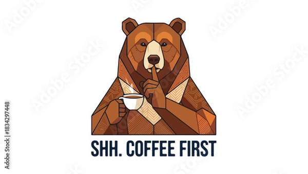 Obraz Bear Holding Coffee Cup Shushing Gesture Logo.