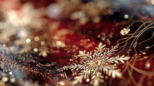 Obraz Elegant Gold Snowflake Pattern on Rich Red Background for Festive Holiday Decor