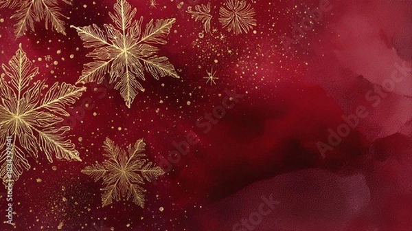 Obraz Elegant Gold Snowflakes on Rich Red Background for Holiday Celebrations and Winter Themes