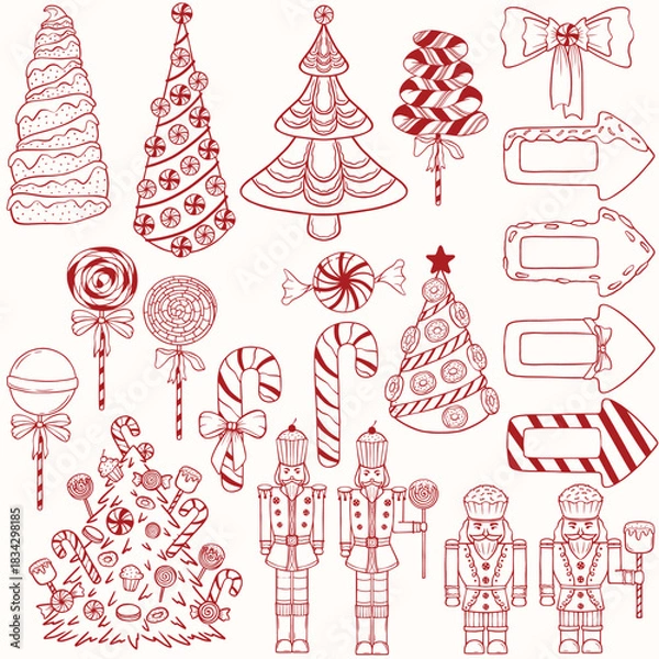 Obraz Christmas collection of sweets, candies, lollipops, Christmas tree with desserts, cute nutcracker, vector art