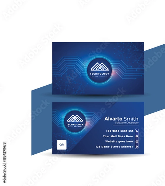 Fototapeta Modern blue technology business card template with circuit design