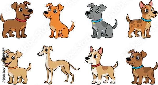 Fototapeta A charming collection of eight colorful, happy cartoon puppies and dogs of various breeds and colors, vector illustration on a white background.