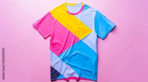 Obraz Colorful geometric patterned short sleeve apparel item displayed on a solid pink background