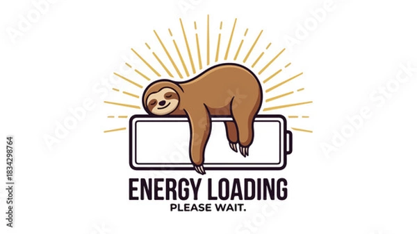 Obraz Lazy sloth resting on a battery energy loading please wait.