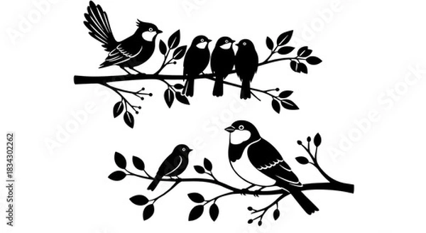 Fototapeta Charming Black Silhouette Birds Perched on Tree Branches for Rustic Home Decor Decals