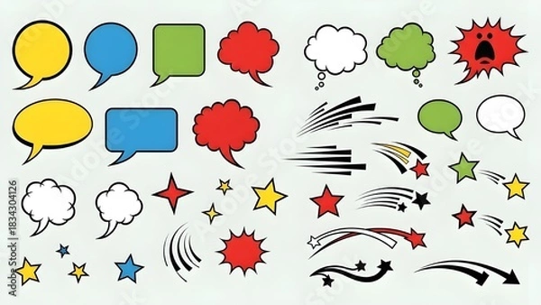 Fototapeta Essential Comic Vector Elements Set - Speech Bubbles, Action Lines, Stars, Vibrant Flat Design for Illustrations and Comics