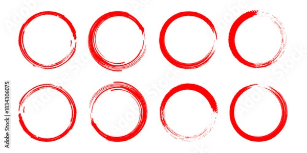 Fototapeta Red pen drawn marks, red circle set, highlight circle. Charcoal pen round ovals. Set of doodle ellipses. Scribble ovals, marker round elements isolated on a white background.