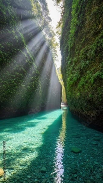 Obraz Beautiful Gorge and Turquoise River with Sunbeams