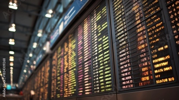 Fototapeta Close up view of a large departure board in an airport terminal displaying flight information