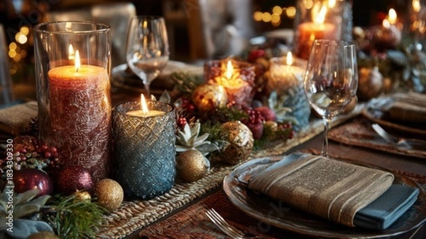 Fototapeta Festive table setting with lit candles ornaments and glassware holiday