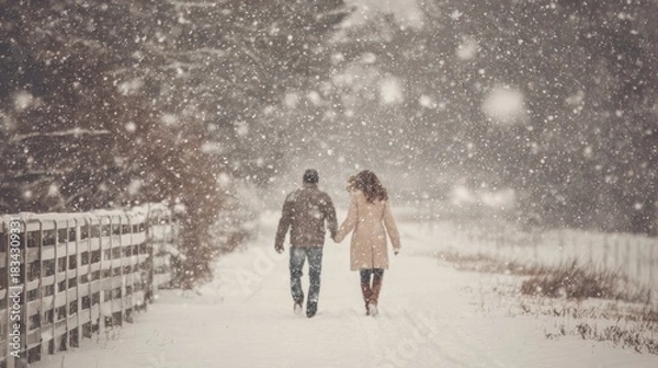 Obraz Couple holding hands walking down a snow covered path during a snowfall