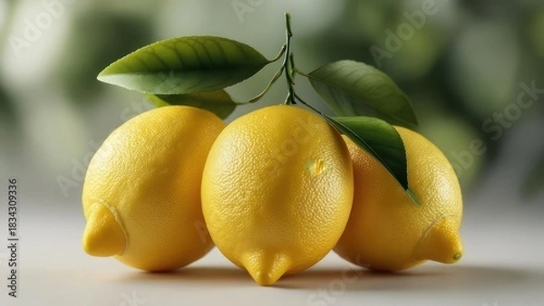 Obraz Three lemons with green leaves