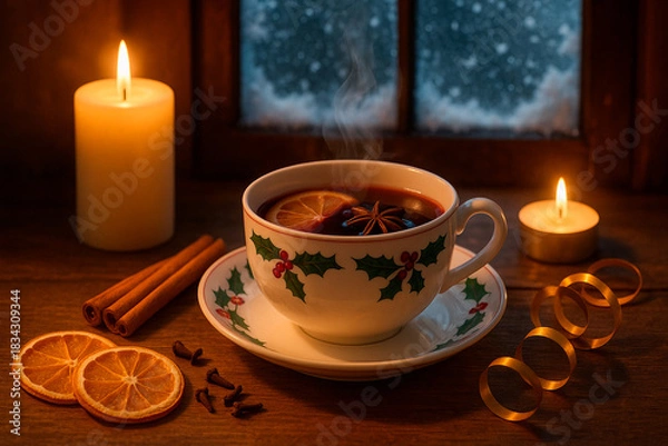 Fototapeta Warm mug of mulled wine stands next to candles and spices against backdrop of snowy window. Rustic style