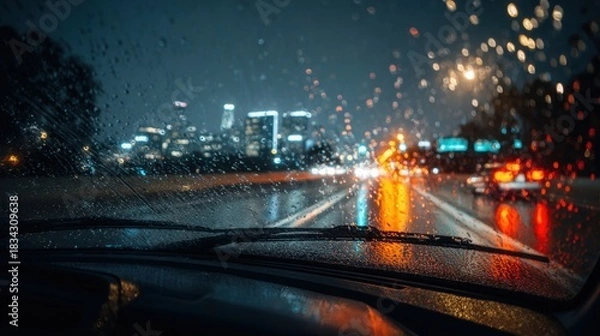 Obraz View from car windshield looking at wet road and blurred city lights at night through raindrops