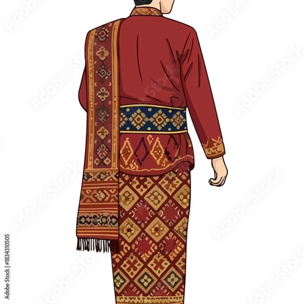 Obraz Traditional Indonesian Man in Richly Patterned Red Attire with Elaborate Sash and Sarong, Back View