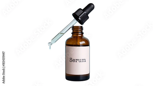 Fototapeta Essence of Skincare: A close-up shot of a glass serum bottle, with a pipette dispensing a single drop of the potent liquid, emphasizing the essence of skincare and beauty treatments.