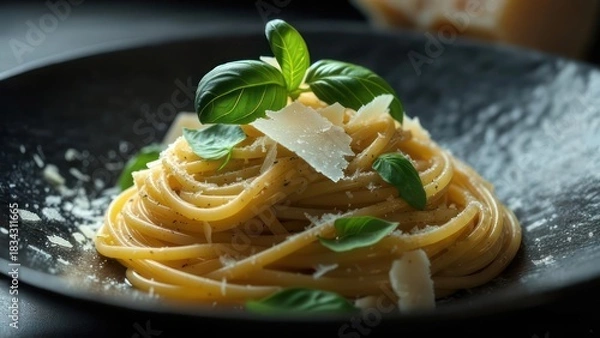 Obraz Spaghetti with basil and parmesan cheese