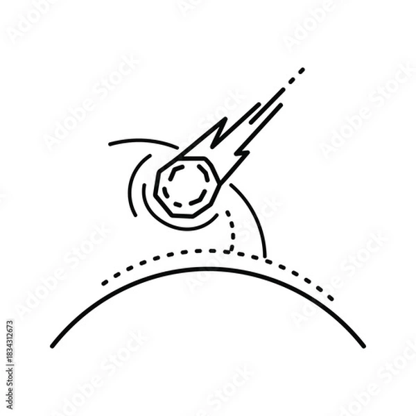 Fototapeta Meteorite entering planet atmosphere, cosmic impact line art icon