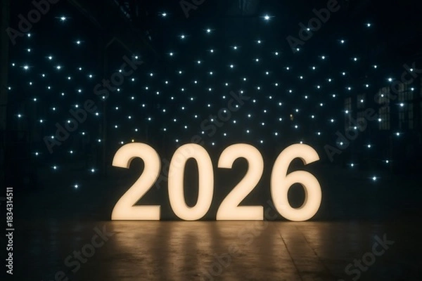 Fototapeta Illuminated year 2026 numbers on a dark floor with a future themed drone light display in a modern space