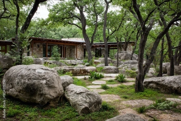 Fototapeta Modern Stone House in Lush Forest Setting with Large Boulders and Greenery.