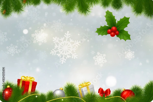 Obraz Christmas Border Background with Gifts, Pine Branches and Snowflakes
