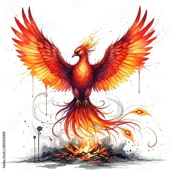 Fototapeta Fiery phoenix bird with outstretched wings rising from flames and smoke fire